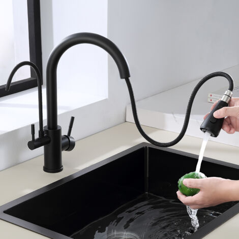 ROVOGO Noir Mitigeur de filtre à eau 3 voies avec douchette extractible, évier de cuisine monobloc à double levier, robinet de cuisine en acier inox à arc élevé, pivotant à 360°, bec en C