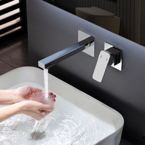 Rovogo – Robinet mitigeur de lavabo mural encastré – Acier inoxydable 304 – Finition chrome – Bec rectangulaire – 1 poignée – Économie d'eau