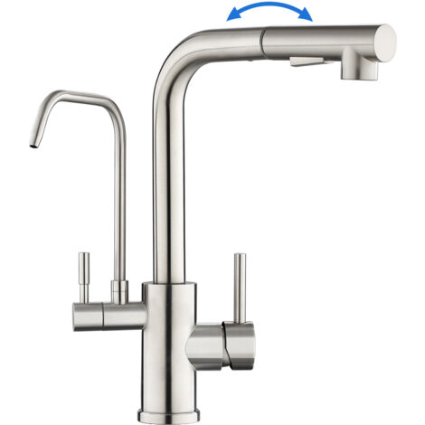 Rovogo – Mitigeur de cuisine 3 voies avec douchette extractible – Acier inox brossé – Pivotant 360° – Hauteur sous bec 29 cm – Pour chauffe-eau instantanés