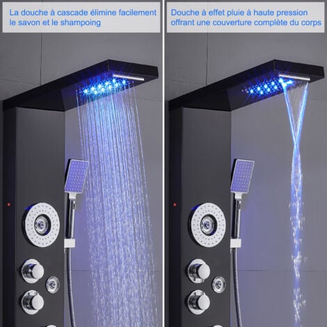 Panneau de douche thermostatique Système de tour Colonne de douche 6 en 1  Cascade de pluie LED avec 6 jets de corps Bec de baignoire Douchette à main  Affichage LCD de la