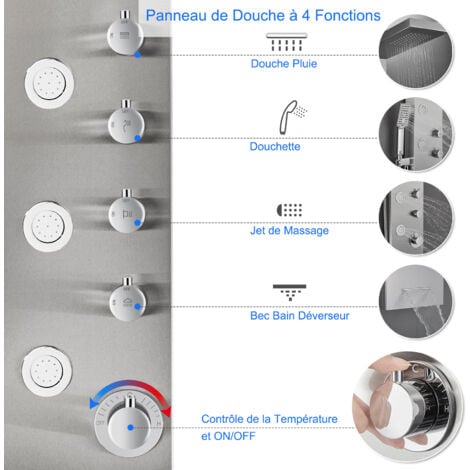 ROVOGO Panneau Colonne de Douche Hydromassante avec Robinetterie, Faire Fonctionner 4 Douches à la fois (Douche pluie, Jet de massage, Douchette et Bec Bain Déverseur ), Acier Inoxydable 304, Brossé