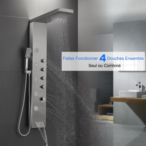 ROVOGO Panneau Colonne de Douche Hydromassante avec Robinetterie, Faire Fonctionner 4 Douches à la fois (Douche pluie, Jet de massage, Douchette et Bec Bain Déverseur ), Acier Inoxydable 304, Brossé