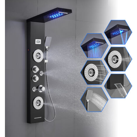 Rovogo – Colonne de douche hydromassante 7 fonctions – Lumières LED – Pluie, cascade, jet de massage – Acier inoxydable 304 – Noir