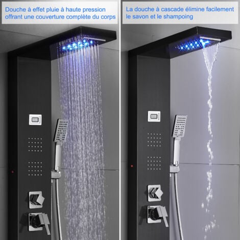 ROVOGO 7 Fonctions Panneau Colonne de Douche Hydromassante (Lumières LED, Pluie, Cascade, Jets de Massage, Douchette, Bec Bain Déverseur et Affichage de la Température), Acier Inoxydable 304, Noir