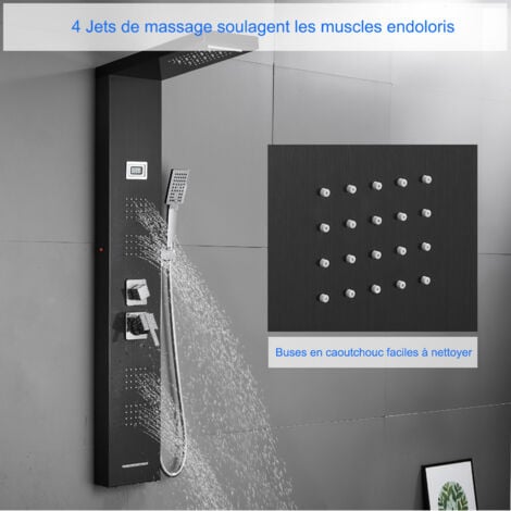 ROVOGO 7 Fonctions Panneau Colonne de Douche Hydromassante (Lumières LED, Pluie, Cascade, Jets de Massage, Douchette, Bec Bain Déverseur et Affichage de la Température), Acier Inoxydable 304, Noir