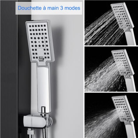 ROVOGO 7 Fonctions Panneau Colonne de Douche Hydromassante (Lumières LED, Pluie, Cascade, Jets de Massage, Douchette, Bec Bain Déverseur et Affichage de la Température), Acier Inoxydable 304, Noir