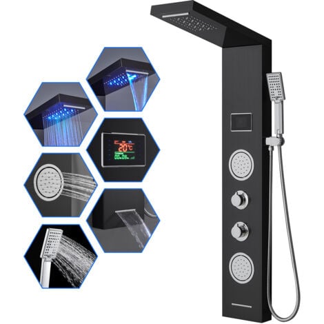 ROVOGO Panneau Colonne de douche hydromassante LED, 6 fonctions colonne douche: Pluie, Cascade, Jet de Massages, Douchette, Bec Bain déverseur et Affichage de La température, Acier Inox 304, Noir