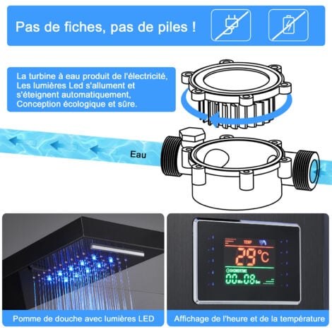 ROVOGO Panneau Colonne de douche hydromassante LED, 6 fonctions colonne douche: Pluie, Cascade, Jet de Massages, Douchette, Bec Bain déverseur et Affichage de La température, Acier Inox 304, Noir