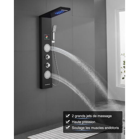 ROVOGO Panneau Colonne de douche hydromassante LED, 6 fonctions colonne douche: Pluie, Cascade, Jet de Massages, Douchette, Bec Bain déverseur et Affichage de La température, Acier Inox 304, Noir