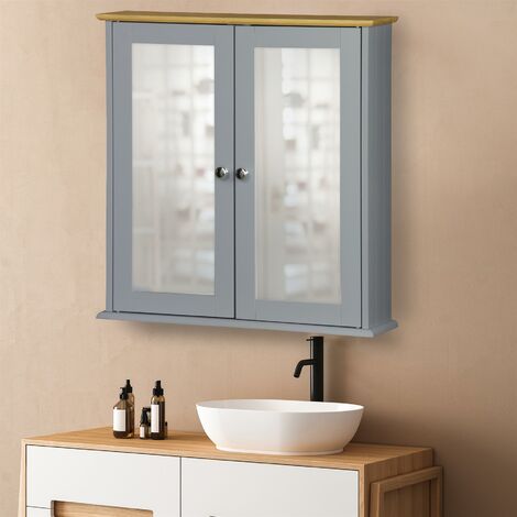 Double Mirror Bathroom Cabinet - Grey with Bamboo Top