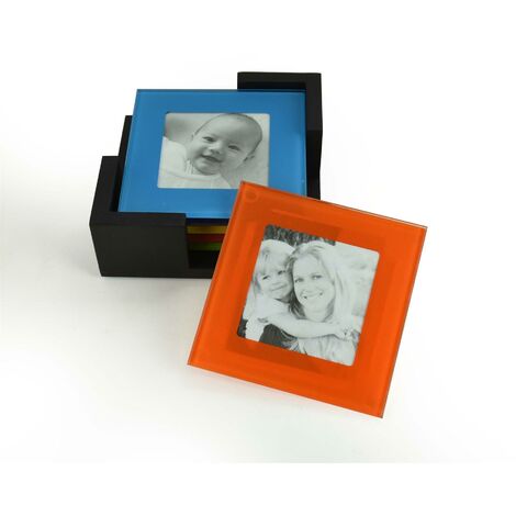 Set Of 6 Coloured Glass Photo Coasters Picture Frame Placemats