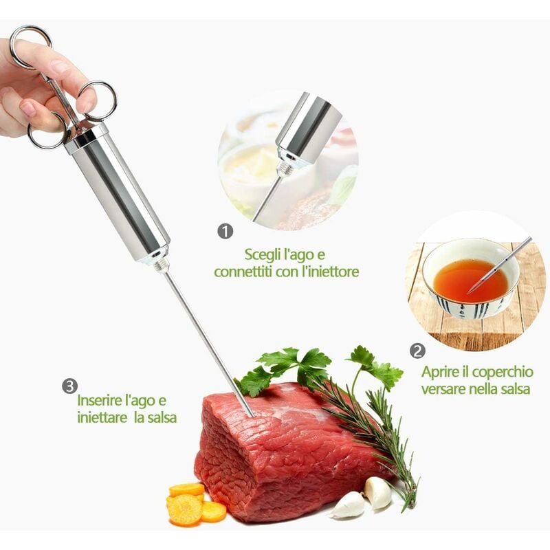 Seringue à Marinade,Injecteur à Sauce en Acier Inoxydable Seringue  Patisserie Cuisine 60ml avec 3 Aiguilles pour Poulet Bœuf Dinde Viande  Rôtis