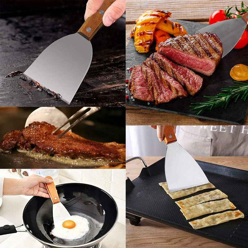 Spatule Manche En Bois 2pcs,Inoxydable Barbecue Spatule Plancha Spatule En  Acier Inoxydable De Haute Qualité Pour Griller La Viande Teppanyaki Et  Nettoyer La LèChefrite : : Jardin