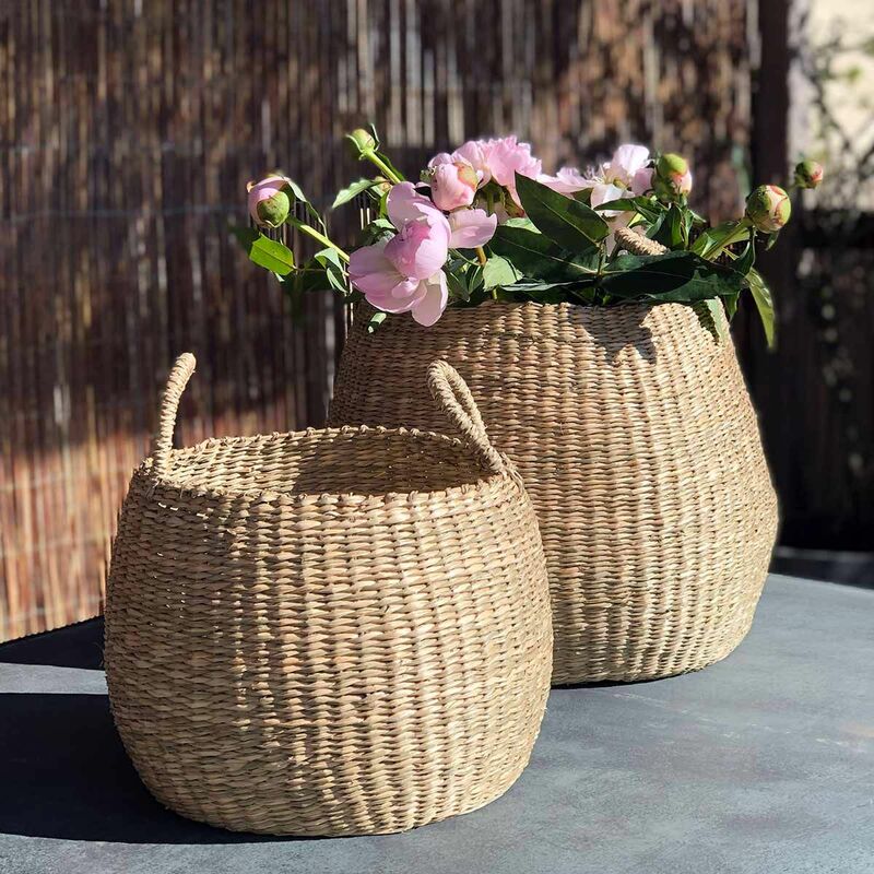 Panier à linge en jonc de mer naturel avec couvercle Bayadère