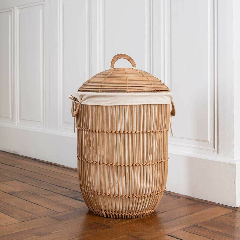 Panier à linge avec couvercle tressé naturel et noir H 53 cm