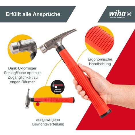 Wiha Elektriker Hammer 300g (42071), Werkzeug für Elektriker für elektrische Arbeiten, flacher Boden des Hammerstiels zum Platzieren von Kabeln und Dübeln