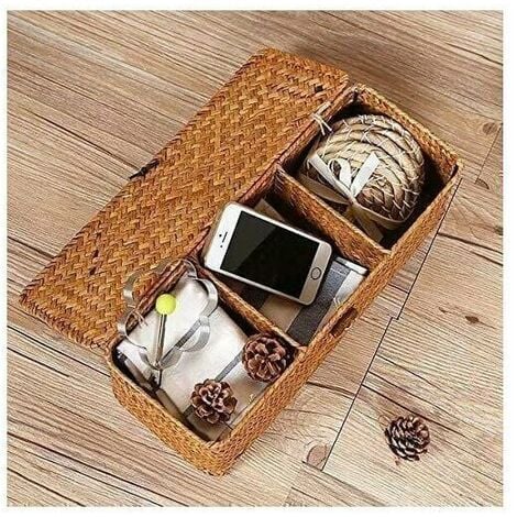 Panier de Rangement avec Couvercle Rectangulaire Coffre en Osier avec Compartiments Organisable Papier Toilette Snack Jouets