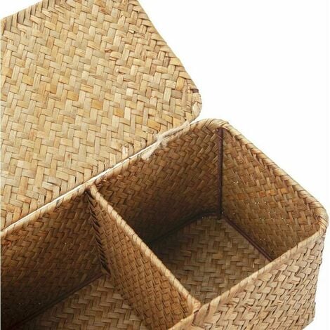 Panier de Rangement avec Couvercle Rectangulaire Coffre en Osier avec Compartiments Organisable Papier Toilette Snack Jouets