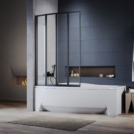 ELEGANT Bath Screen 4mm Safety Tempered Glass Shower Screen 4 Folding Matt Black Frame Glass Screen 900x1400mm