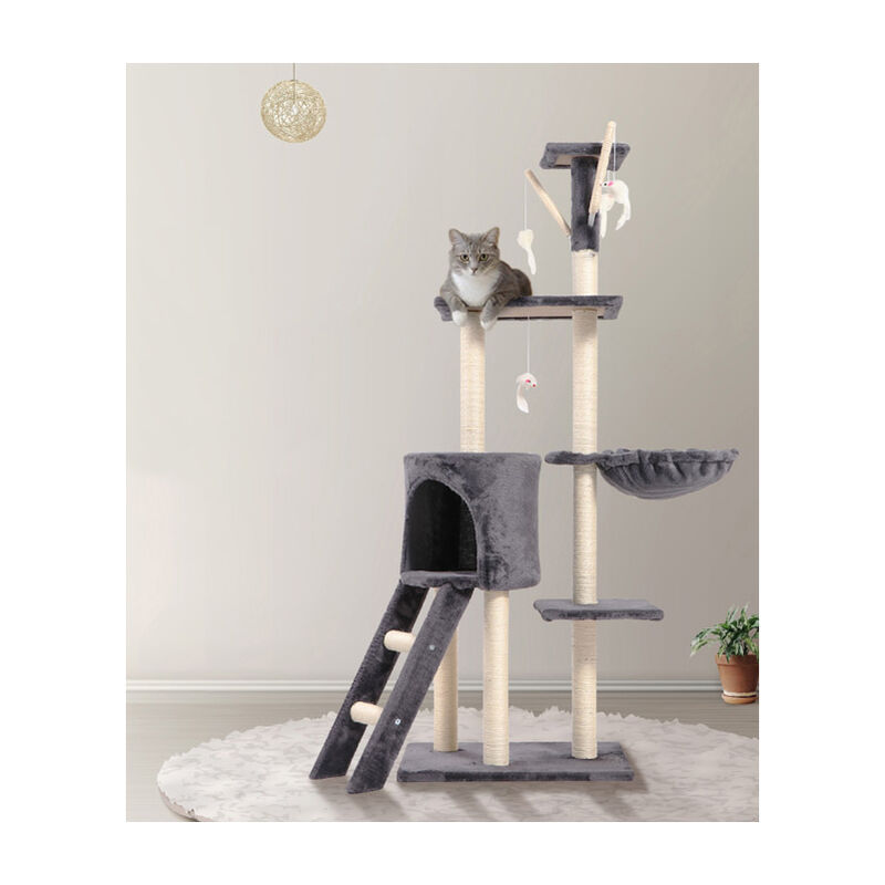 FEANDREA Arbre à chat Hauteur de 164cm Multi-niveaux Avec bol, panier,  niche Maison de jeu