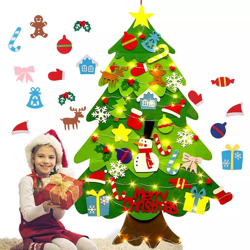 Árbol de Navidad de fieltro para niños - 98CM Árbol de Navidad de fieltro Escaparate de bricolaje con 50 luces LED 32 Adornos desmontables Deco Noel Decoración navideña