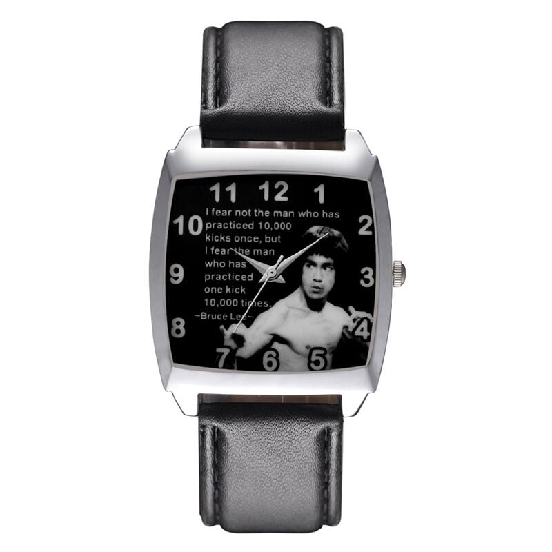 Reloj de pulsera con correa de cuero de cuarzo para niños y niñas con esfera rectangular estilo Bruce Lee de dibujos animados para niños y niñas