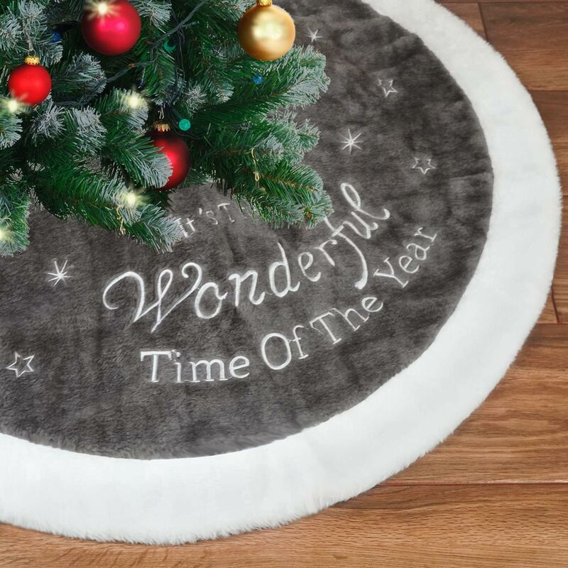 Falda de árbol de Navidad Gran lujo de piel sintética Falda de árbol gris blanco con copos de nieve Capas dobles Falda de árbol suave para decoraciones navideñas de Navidad 120 cm