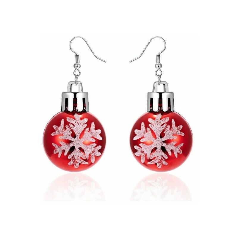 Pendientes de plata de Navidad - Pendientes de plata con bolas navideñas rojas brillantes y copos de nieve blancos