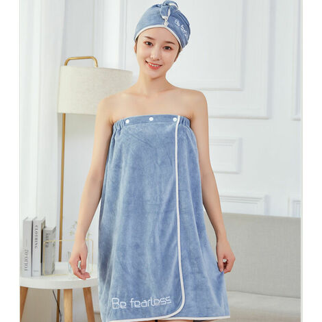 Hair Dryer Hat Microfiber Bath Cap Dressing Gown Quick-Drying Comfortable  Beach Bathrobe with Cap and Towel (Blue),