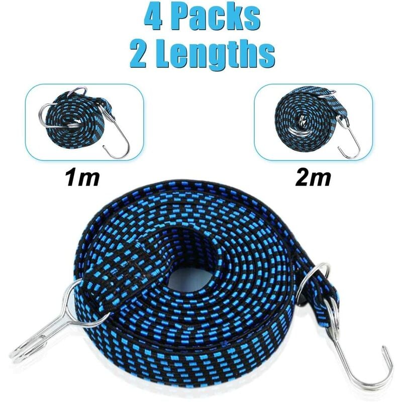 Bungee Straps With Hooks, 2m Long Adjustable Cords Set, 4 Pack