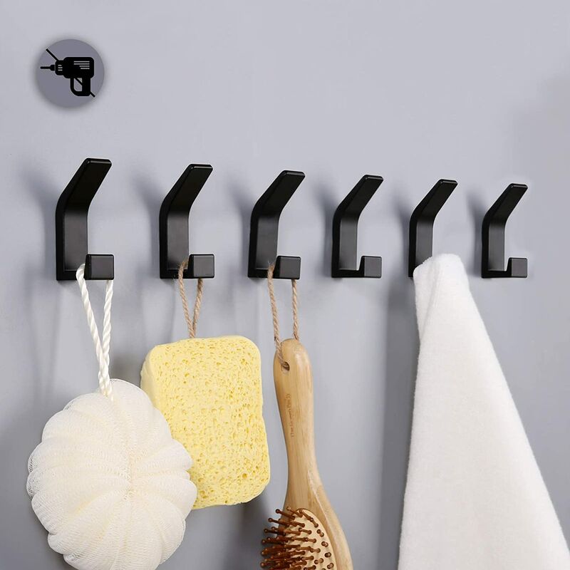 Pieces Self Adhesive Hooks, Double Bathroom Towel Hook, Self Adhesive Wall Mount For Kitchen, Bathroom, Office, Closet, Aluminum, Black