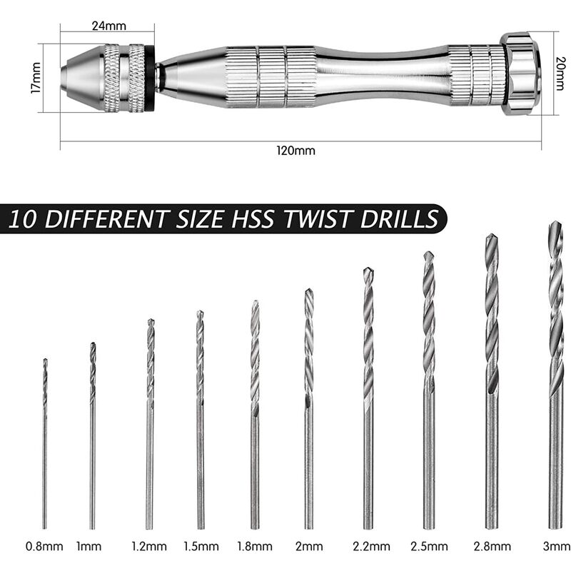 Mini Hand Drill With Keyless Chuck+10Pcs 0.8mm-3.0mm HSS Drill