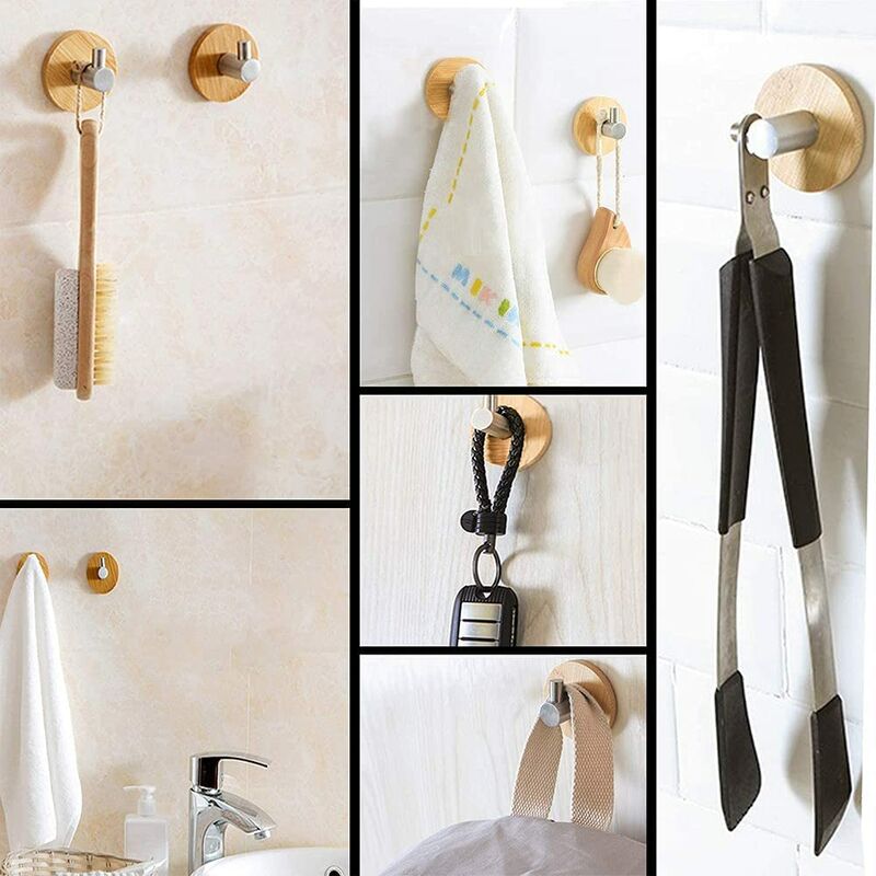 Pieces Bamboo Wall Hook, Bamboo Stainless Steel Hooks, Bamboo Adhesive  Hook, No Drilling Self Adhesive Towel Hooks for Bathroom, Toilet, Kitchen  (Silver)