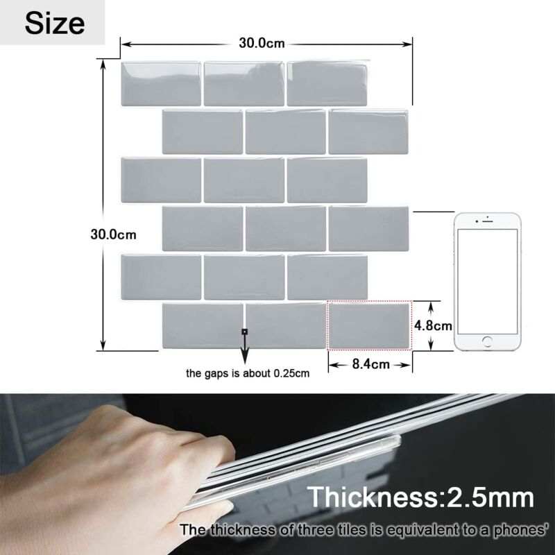 White Peel And Stick Wall Tiles - 2.5mm Thick Self-Adhesive Metro Tiles For Kitchen, Bathroom Backsplash (10 Sheets)