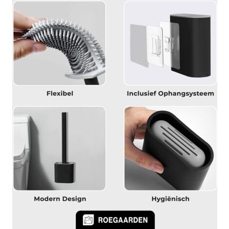 Silicone toilet brush - toilet brush/toilet brush made of plastic and silicone, in elegant design - toilet brush holder for wall mounting, without drilling - accessories/bathroom accessories - black/w