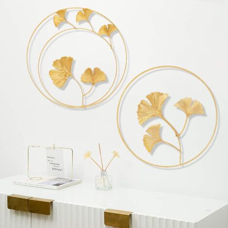 Iron Wall Sculptures,2 Pieces Metal Wall Decor Iron Wall Ornaments Maple Ginkgo Leaf Wall Decor Wall Hanging for Home Office Living Room Hotel Decoration(Gold)