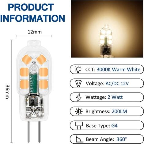 2W - 12v G4 LED Bulb  Warm White or Daylight White - 12v AC/DC