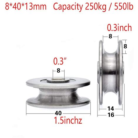 8mm Deep U Groove 250kg Stainless Steel Ball Bearing Pulley, Lifting Guide Metal Pulley, Inner Diameter (40 x 13mm)