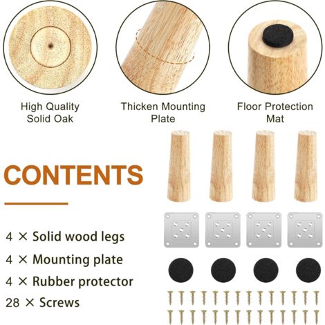 Set of 4 Wooden Furniture Legs, 8cm Replacement Sofa Legs, Coffee Table Legs, for Bed, Cupboard, Bench, TV Cabinet, Cabinet, with Accessories(Right Angle Design)