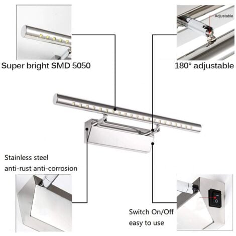 Bathroom Mirror Light LED 5W Wall Sconce Light Waterproof IP44 Dimmable 180° with Switch Stainless Steel Lighting Decoration Vanity Toilet Toilet Makeup 40cm（white）