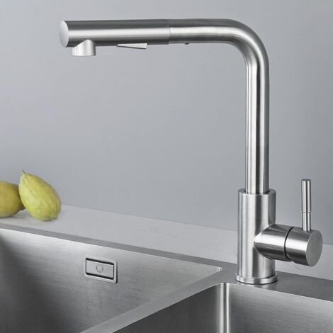 Kitchen Faucet with Black Spray, Kitchen Mixer with Pull-out Spray, Brushed Stainless Steel 304 Kitchen Faucet, 360° Rotating Sink Mixer, 2 Jet Sink Faucet(Brushed Stainless) (1/5)