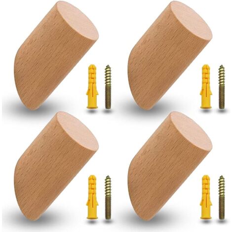 4 Pack Beech Coat Hooks, Wooden Coat Hooks, Hooks, Wall Hooks with 4 Screws and Expansion Tubes for Office, Kitchen, Home, Clothes (6cm) (1/5)