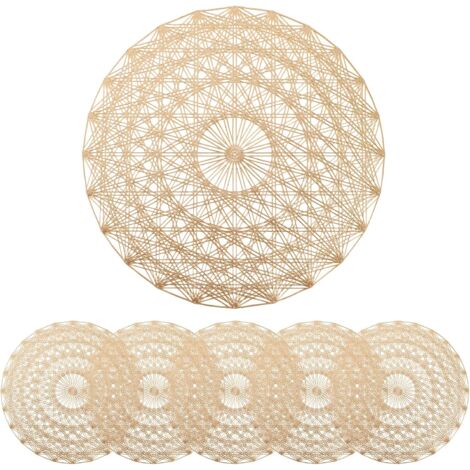 [6 Pack Round PVC Placemats, Hollow Placemat with Mandala Pattern, Non-Slip Mat, Washable, Heat Resistant for Kitchens, Restaurants and Hotels - Gold (1/5)