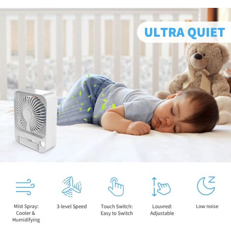 Mini Desk Fan, Mist Fan with 60ml Water Tank, 3 Speed USB Rechargeable Fan, Quiet Fan Ideal for Home, Office, Outdoor