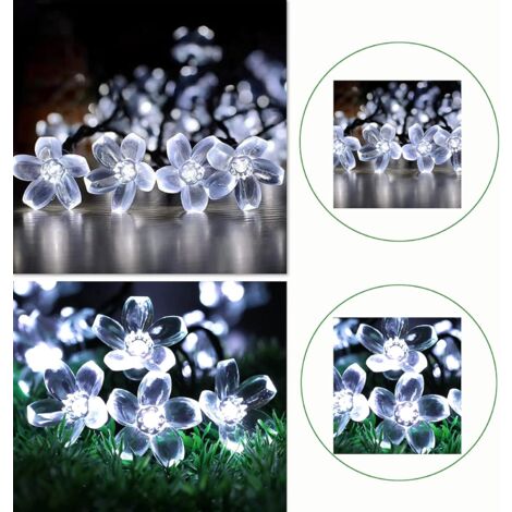Solar String Lights Outdoor, 50 LEDs 7M Solar Sakura Lights, 8 Modes Flower Fairy Lamp Color Changing Decorative Waterproof for Garden Trees Parties Wedding Christmas(White)