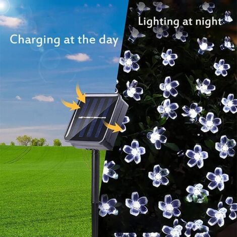 Solar String Lights Outdoor, 50 LEDs 7M Solar Sakura Lights, 8 Modes Flower Fairy Lamp Color Changing Decorative Waterproof for Garden Trees Parties Wedding Christmas(White)