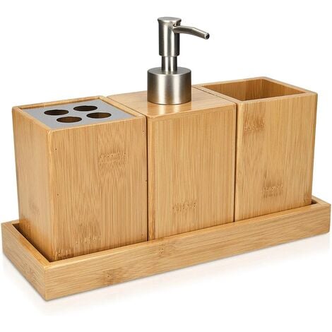 Bathroom Accessories Set - 4X Bamboo Bathroom Accessories - Toothbrush Holder - Soap Dispenser - Tumbler - Holder