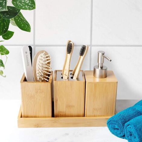 Bathroom Accessories Set - 4X Bamboo Bathroom Accessories - Toothbrush Holder - Soap Dispenser - Tumbler - Holder