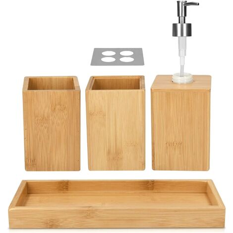 Bathroom Accessories Set - 4X Bamboo Bathroom Accessories - Toothbrush Holder - Soap Dispenser - Tumbler - Holder