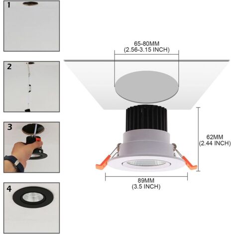 6x LED Recessed Spotlights, 5W COB Recessed Ceiling Light, Cool White 6000K, 500LM, AC 220-240V, Ra≥90, Beam Angle 24°, IP44, For Bathroom, Kitchen, Living Room, Hallway (White)(Aperture: 75mm)